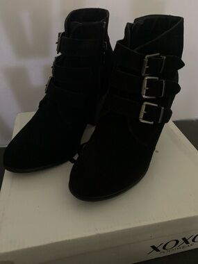 XOXO Black Suede Triple Buckle Ankle Booties